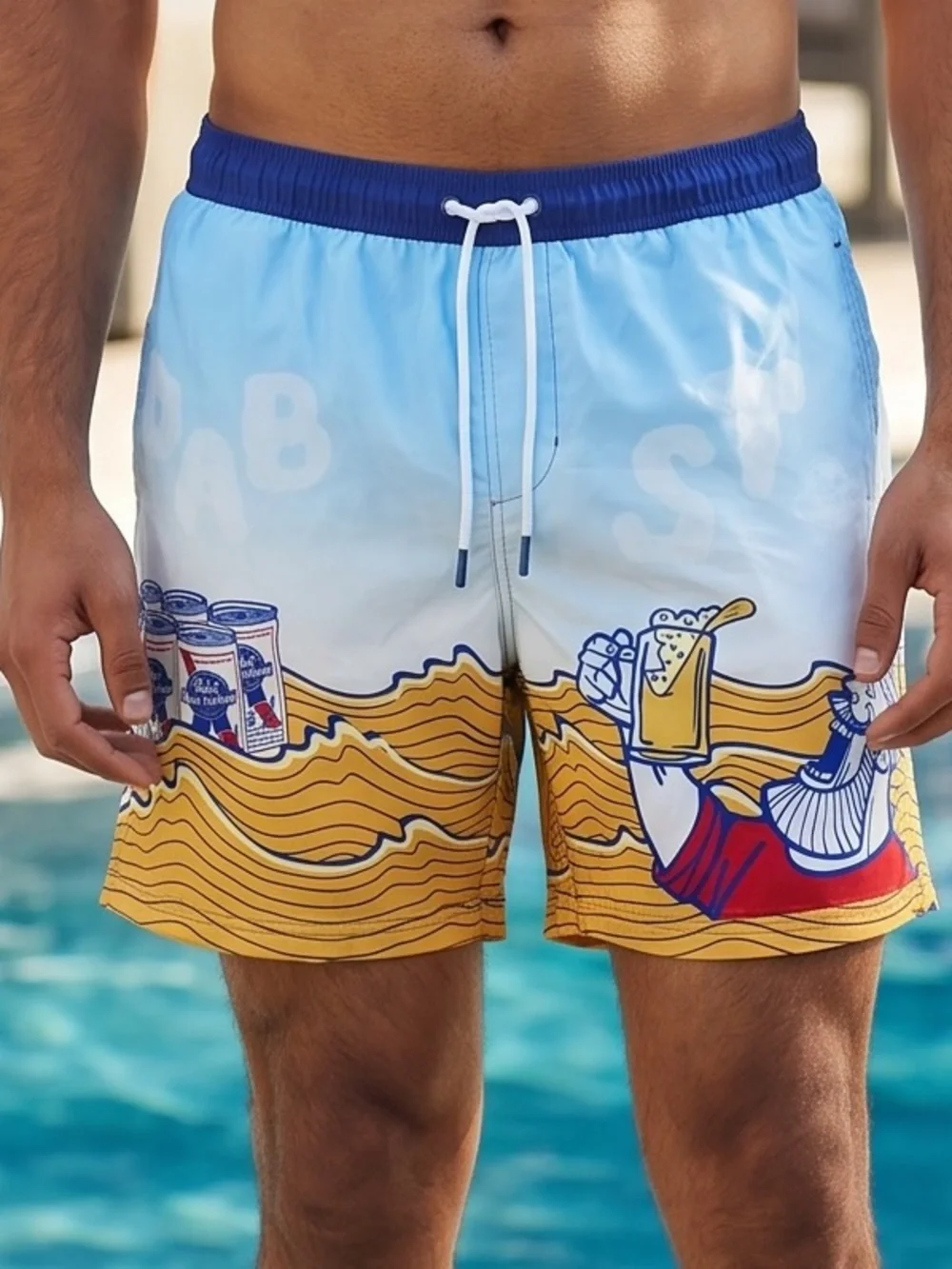 NWT 2XL Pabst Blue Ribbon Beer Light Blue & Yellow Graphic Swim Trunk